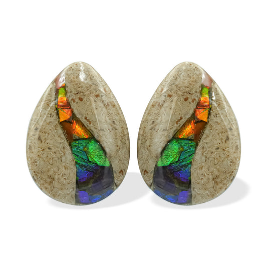 Starborn Fossil Dinosaur Bone with Ammolite Inlay Cabochon Pear 25mm - 1 pair