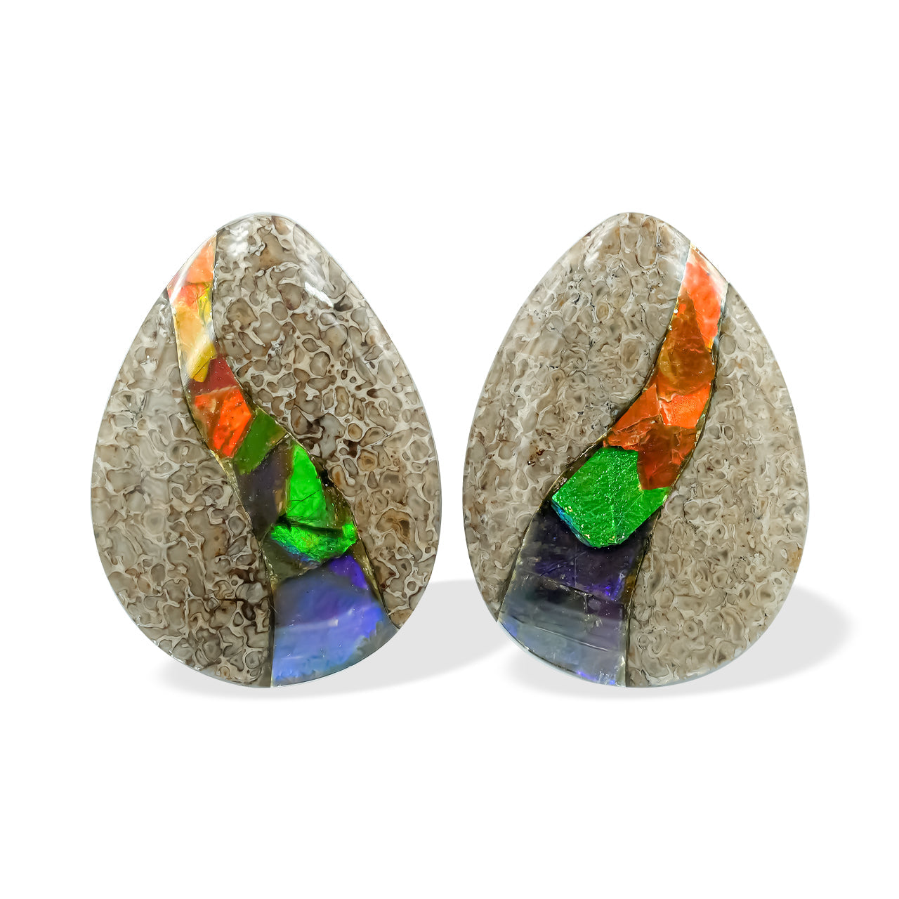Starborn Fossil Dinosaur Bone with Ammolite Inlay Cabochon Pear 25mm - 1 pair
