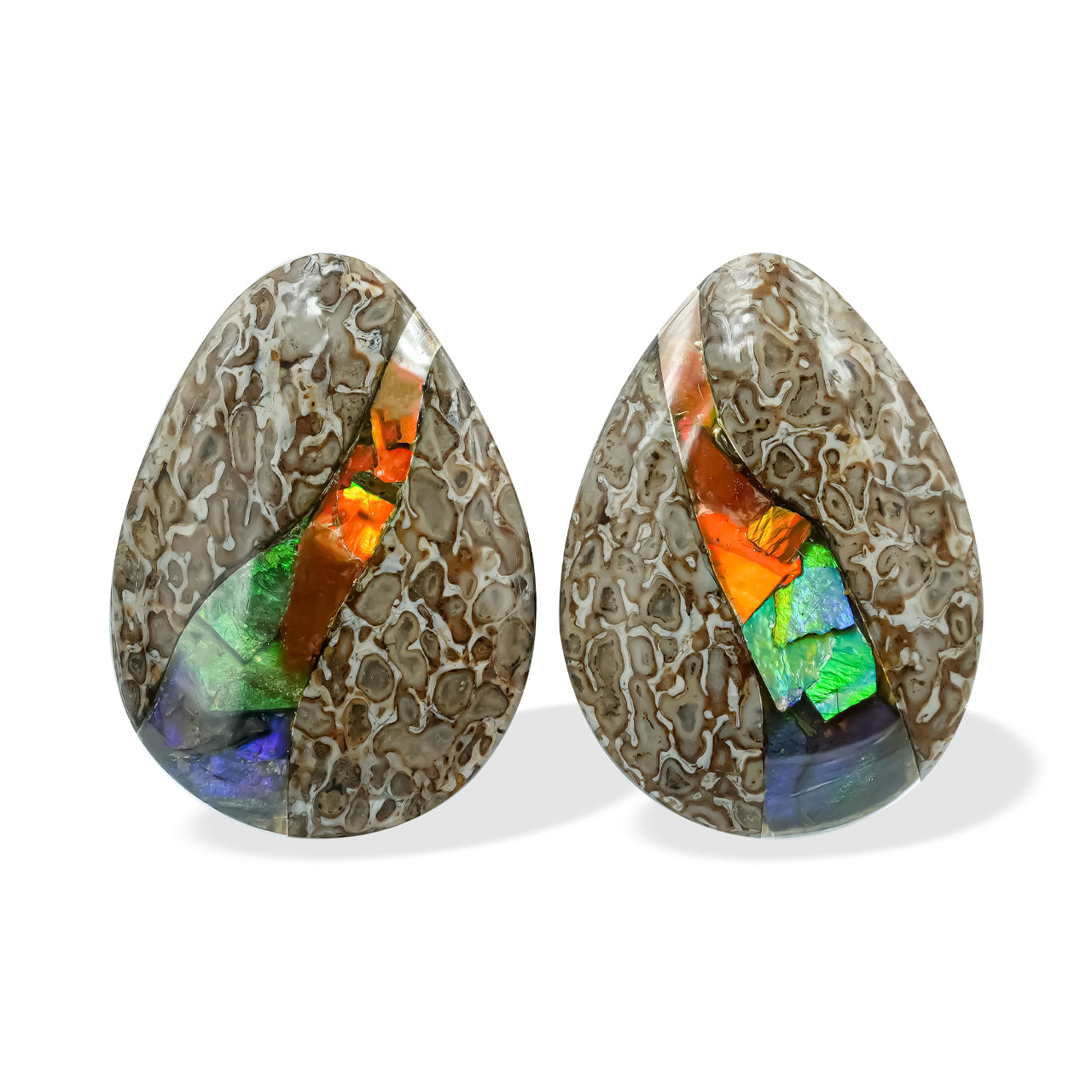 Starborn Fossil Dinosaur Bone with Ammolite Inlay Cabochon Pear 25mm - 1 pair