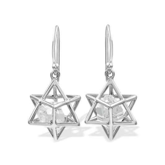 Starborn Merkabah with Herkimer Diamond Crystal, Small Star Cage Earrings in Sterling Silver