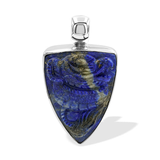 Starborn Handcarved Lapis Lazuli  Dragon Shield Pendant in Sterling Silver