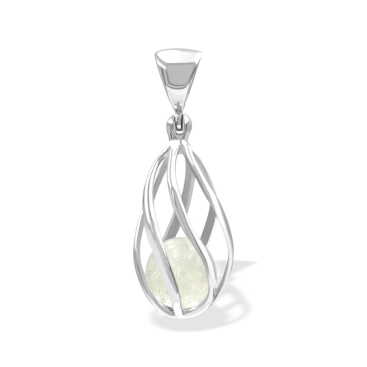 Starborn Libyan Desert Tektite Sphere 6-Wire Spiral Cage Pendant in Sterling Silver