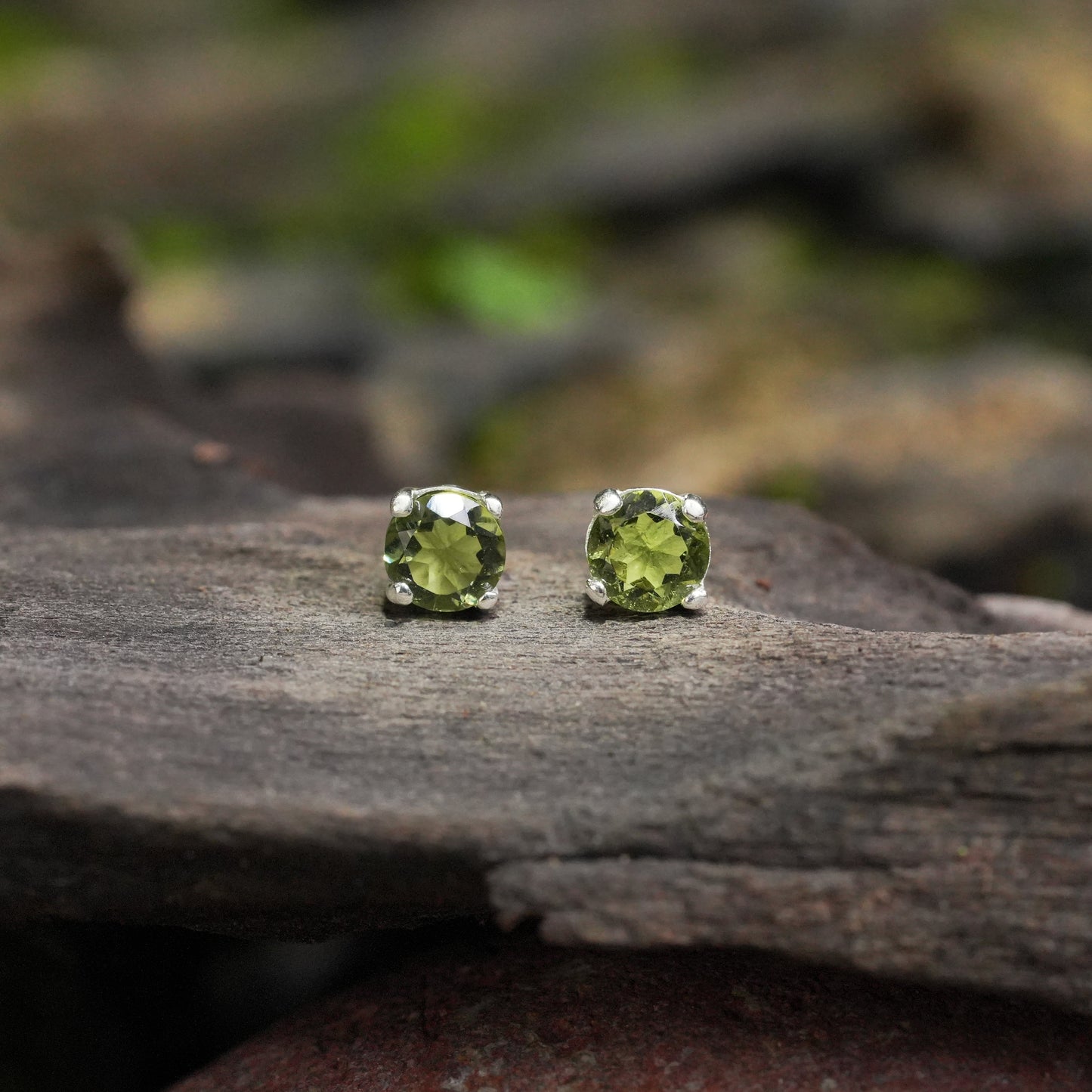 Starborn Faceted Moldavite Prong Style Post Earrings in Sterling Silver