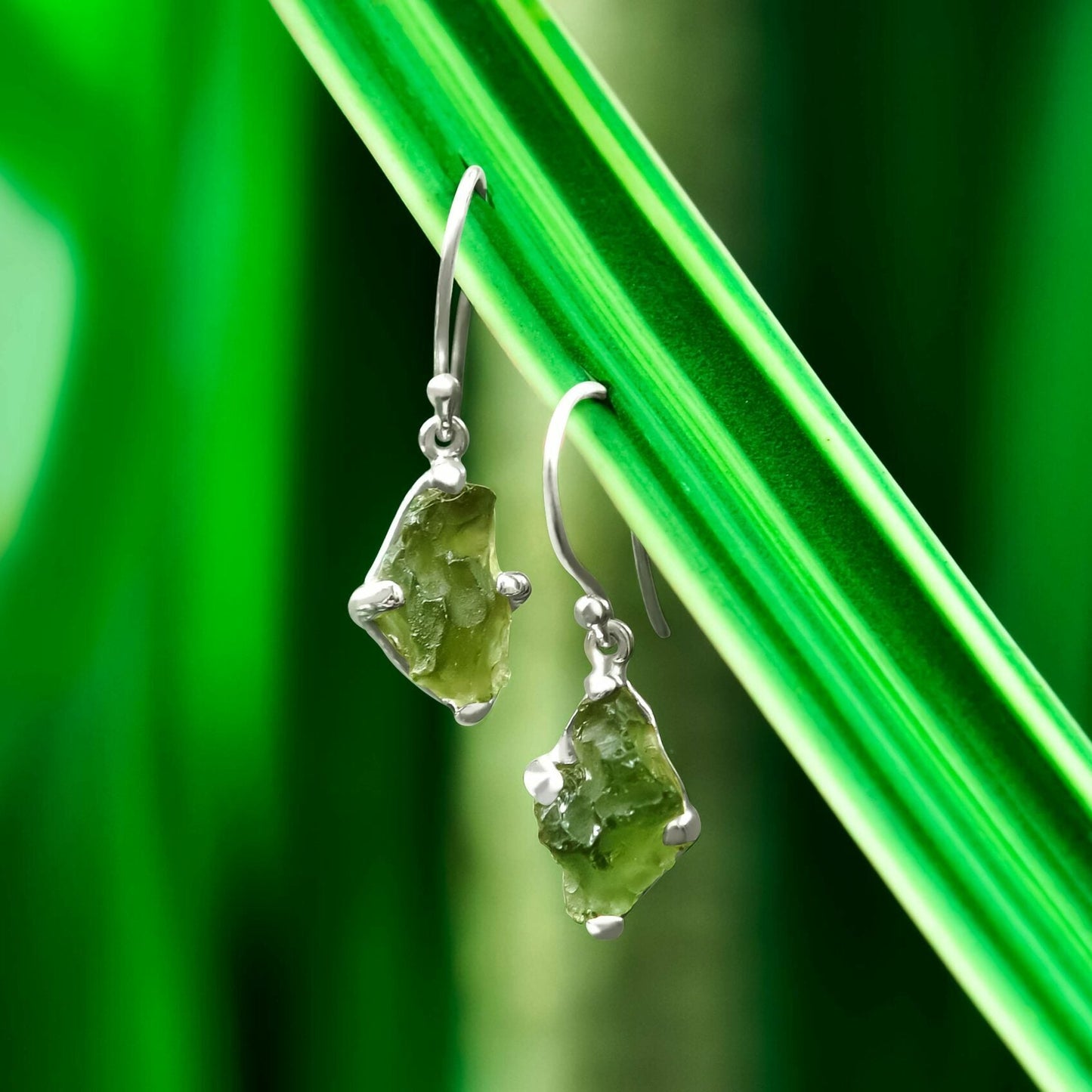 Starborn Rough Moldavite Dangle Earrings in Sterling Silver