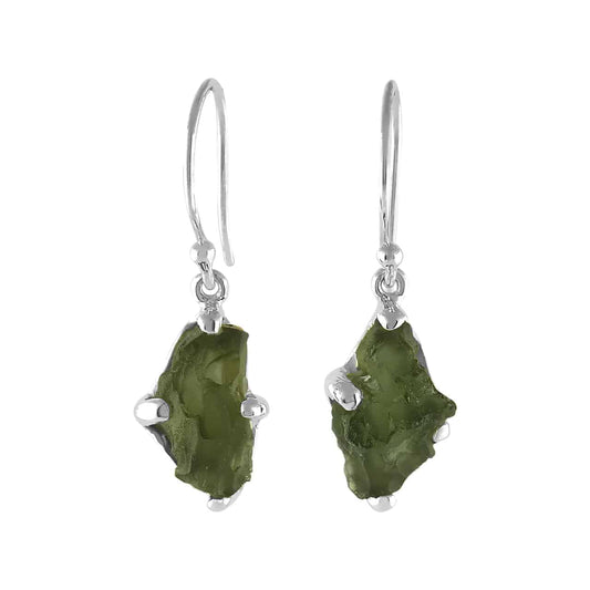 Starborn Rough Moldavite Dangle Earrings in Sterling Silver