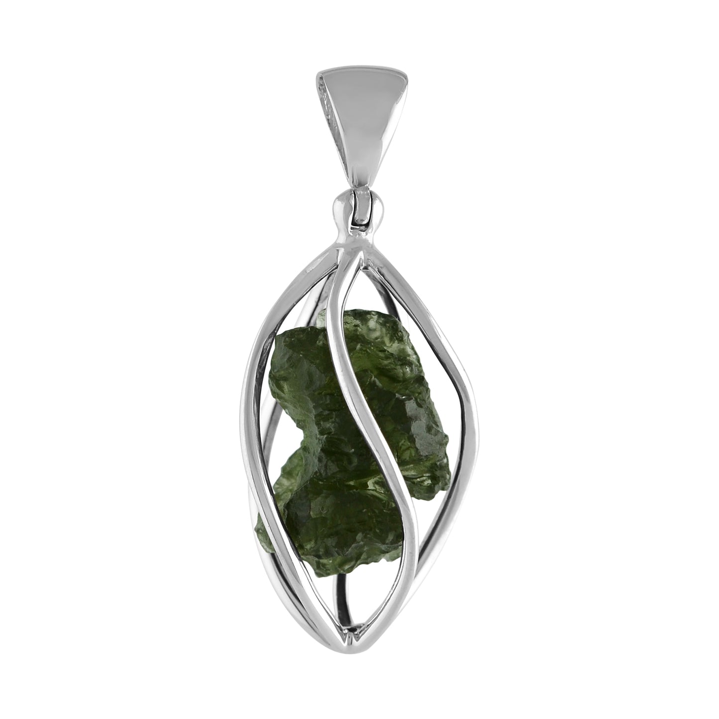 Starborn Natural Moldavite Narrow 5-Spiral Cage Pendant in Sterling Silver