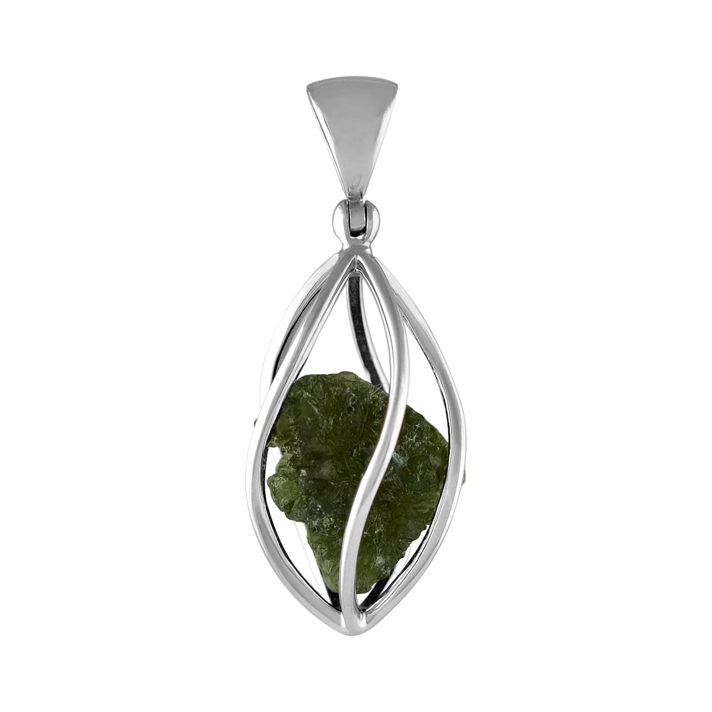 Starborn Natural Moldavite Narrow 5-Spiral Cage Pendant in Sterling Silver