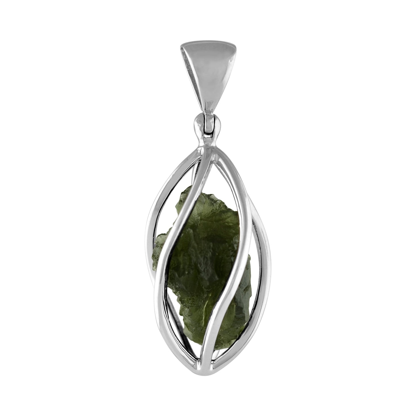 Starborn Natural Moldavite Narrow 5-Spiral Cage Pendant in Sterling Silver