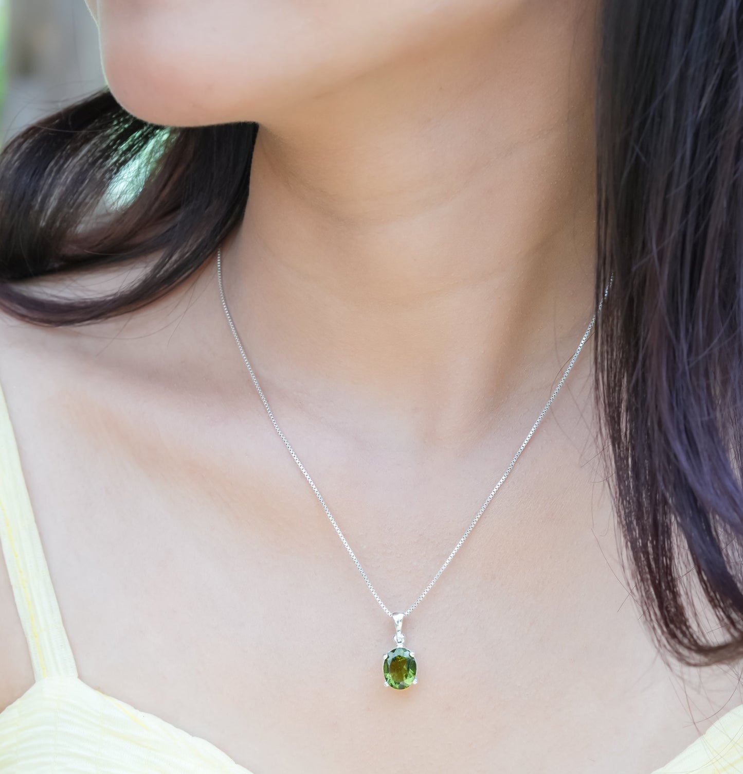 Starborn Oval Faceted Moldavite Prong Set Pendant in Sterling Silver - Medium