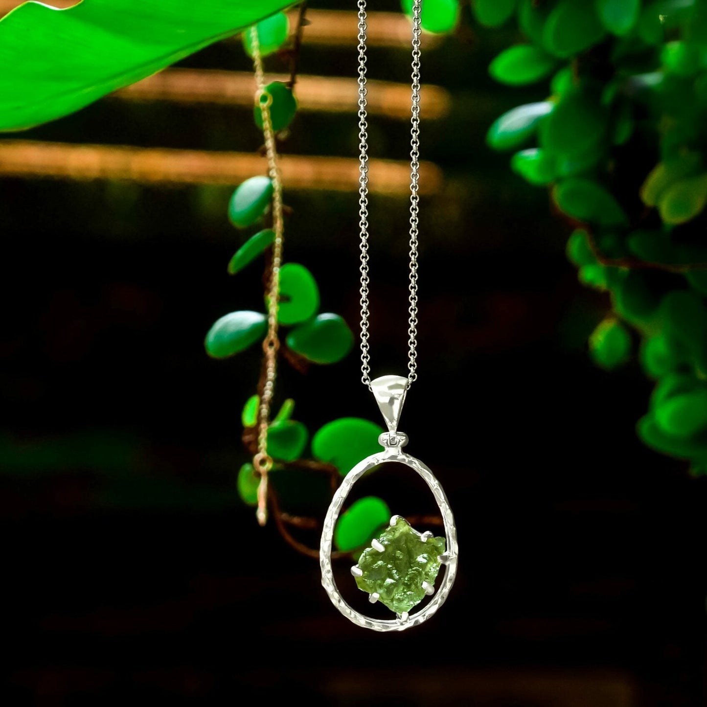 Starborn Raw Moldavite 925 Sterling Silver Hammered Hoop Pendant