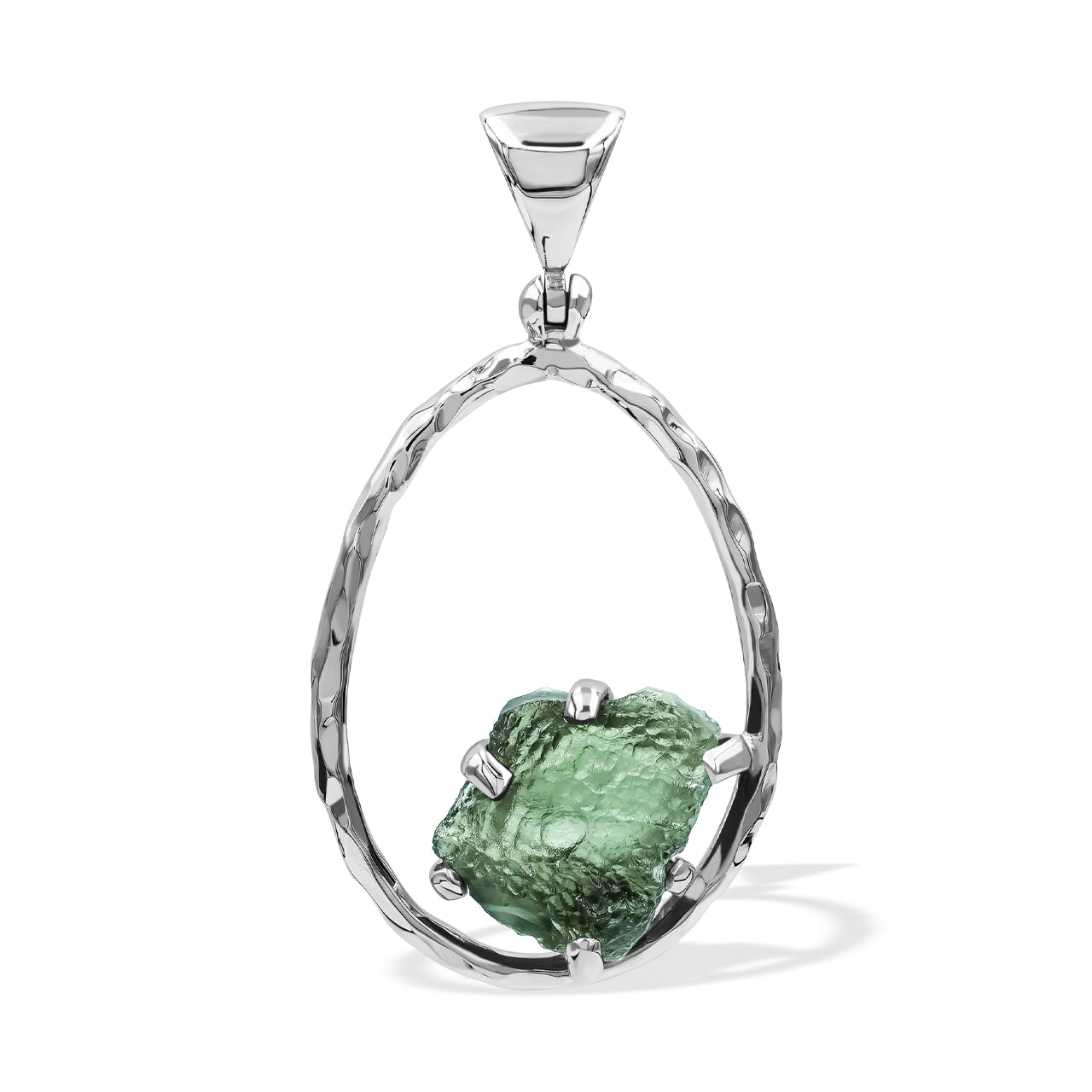Starborn Raw Moldavite 925 Sterling Silver Hammered Hoop Pendant