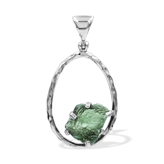 Starborn Raw Moldavite 925 Sterling Silver Hammered Hoop Pendant