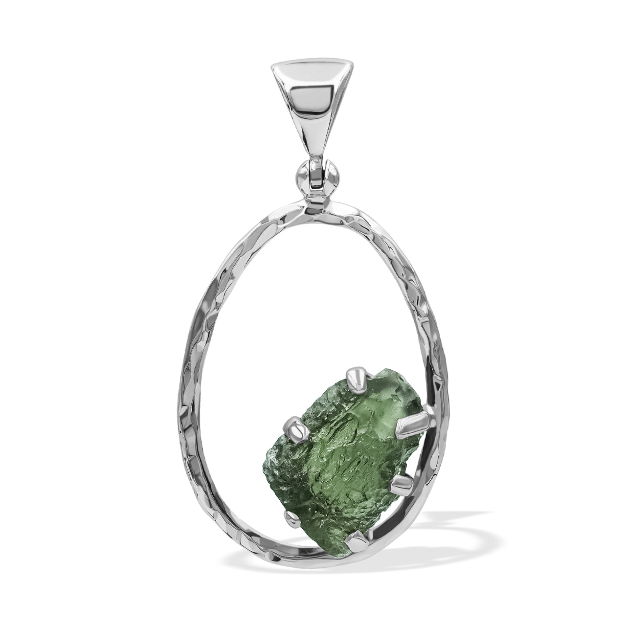 Starborn Raw Moldavite 925 Sterling Silver Hammered Hoop Pendant