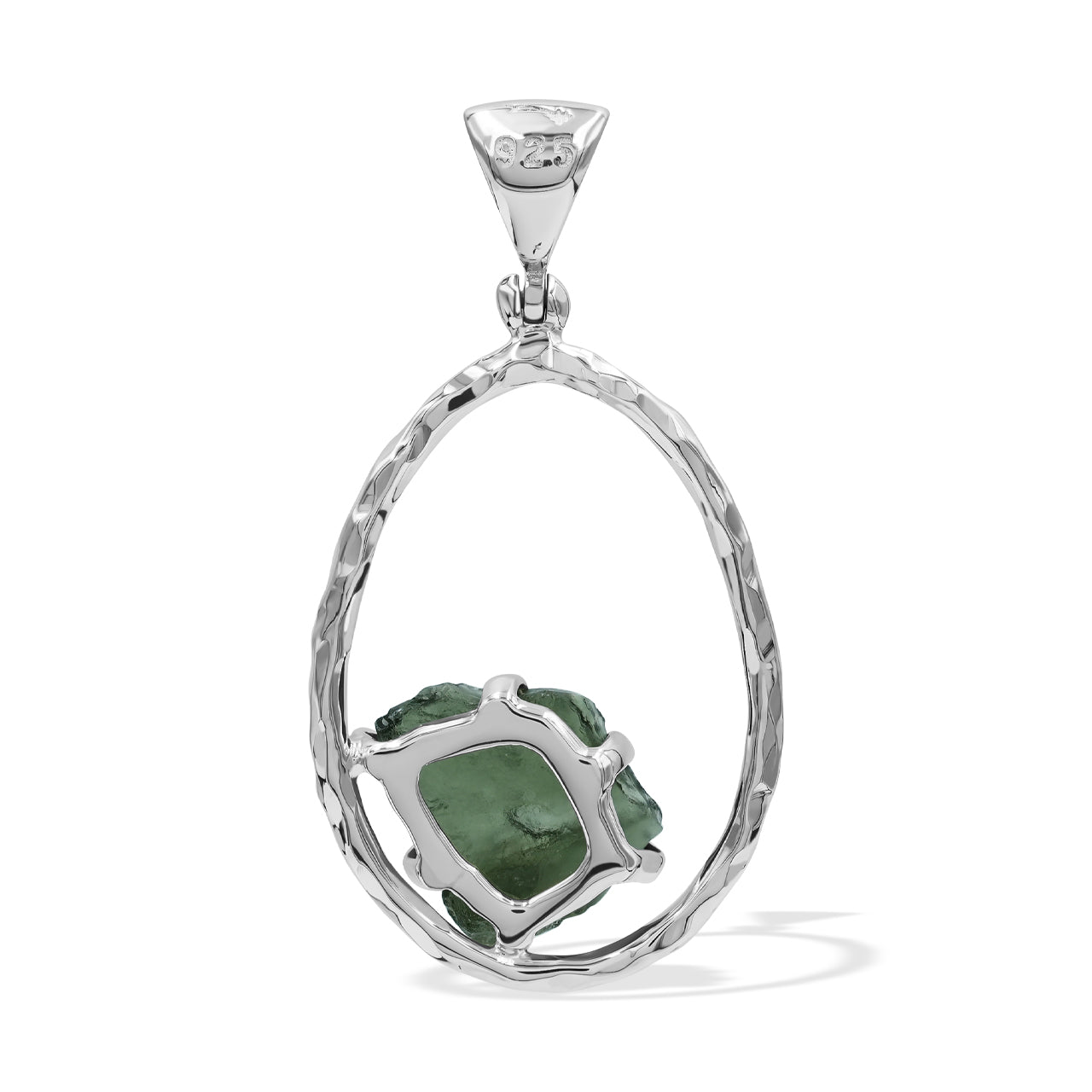 Starborn Raw Moldavite 925 Sterling Silver Hammered Hoop Pendant