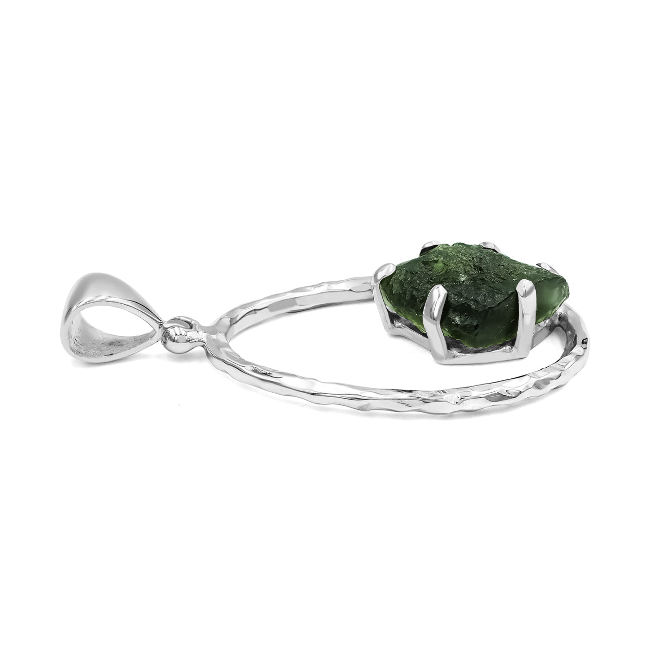 Starborn Raw Moldavite 925 Sterling Silver Hammered Hoop Pendant
