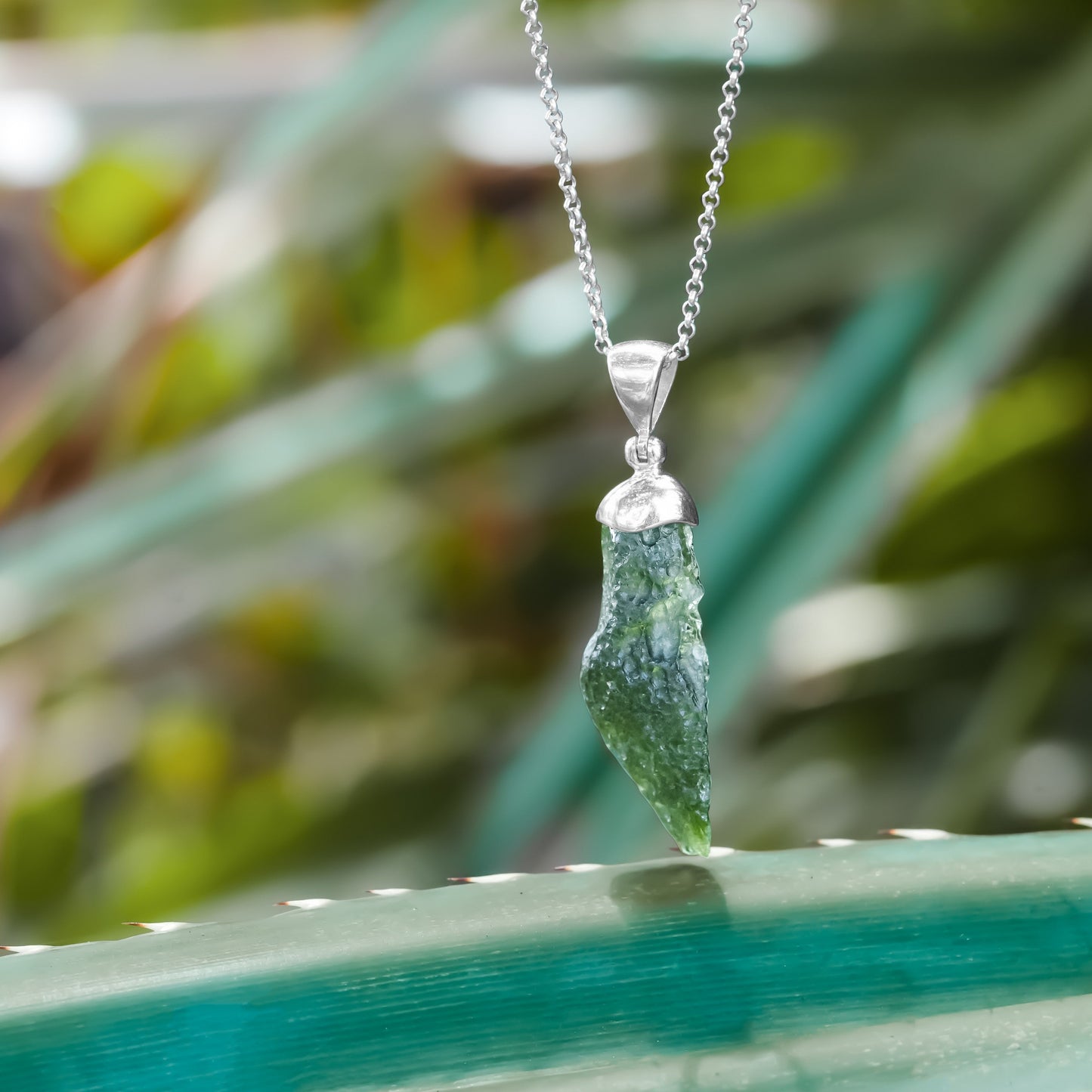 Starborn Rough Moldavite Cap Set Chop Pendant in Sterling Silver