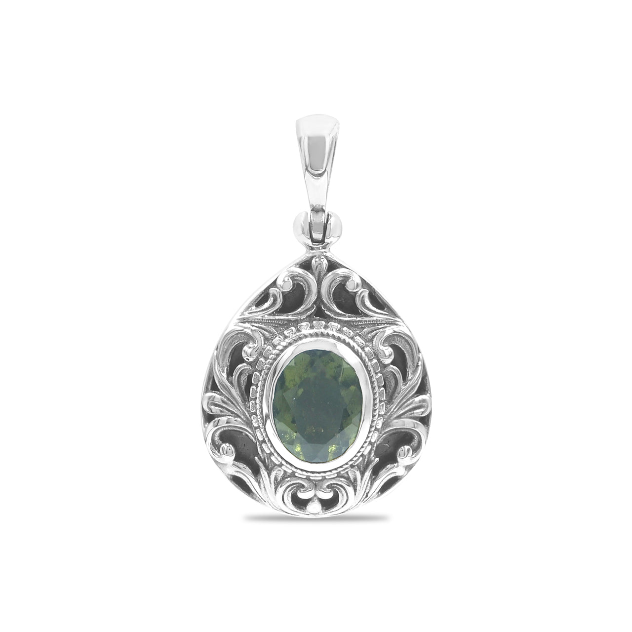 Starborn Faceted Elegant Scroll Moldavite Pendant in Sterling Silver