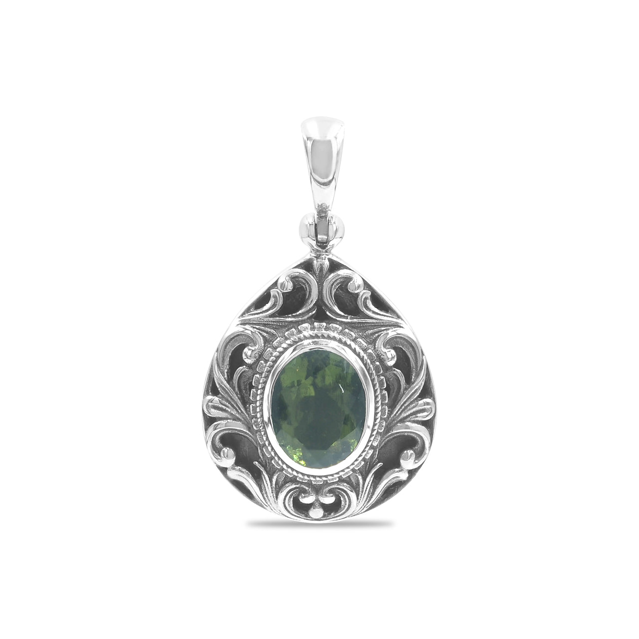 Starborn Faceted Elegant Scroll Moldavite Pendant in Sterling Silver
