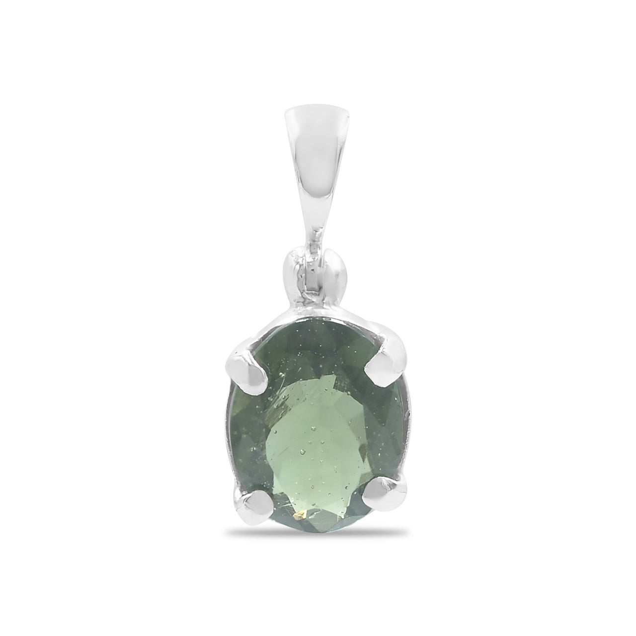 Starborn Oval Faceted Moldavite Prong Set Pendant in Sterling Silver - Large