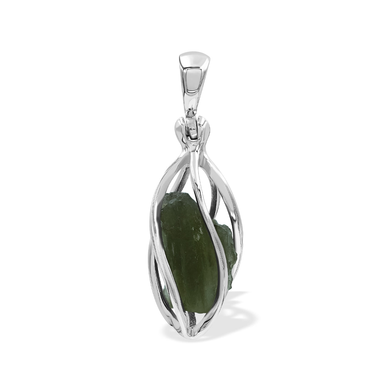 Starborn Natural Moldavite Narrow 5-Spiral Cage Pendant in Sterling Silver