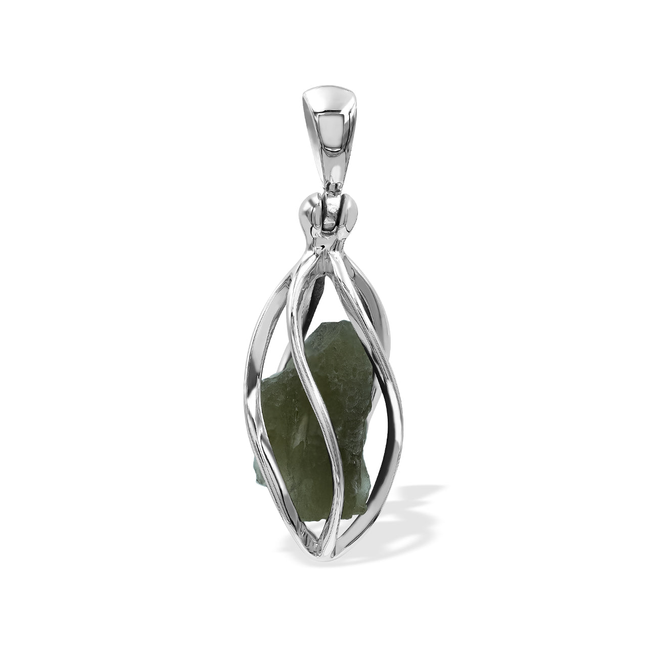 Starborn Natural Moldavite Narrow 5-Spiral Cage Pendant in Sterling Silver