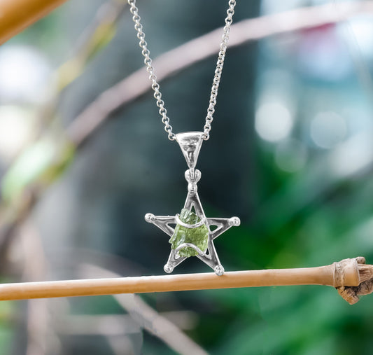 Starborn Natural Moldavite Star Cage Pendant in Sterling Silver