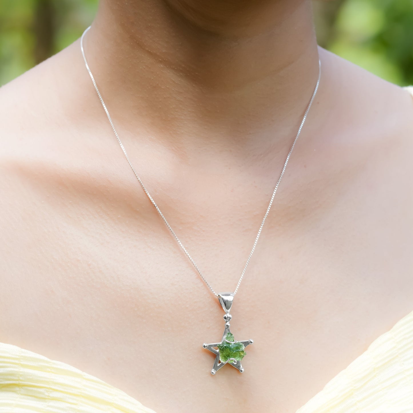 Starborn Natural Moldavite Star Cage Pendant in Sterling Silver
