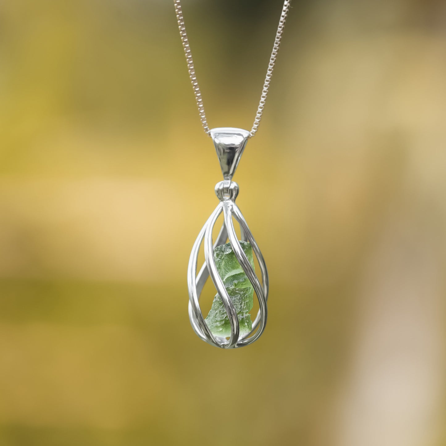 Starborn Natural Moldavite Pendant in Sterling Silver Cage