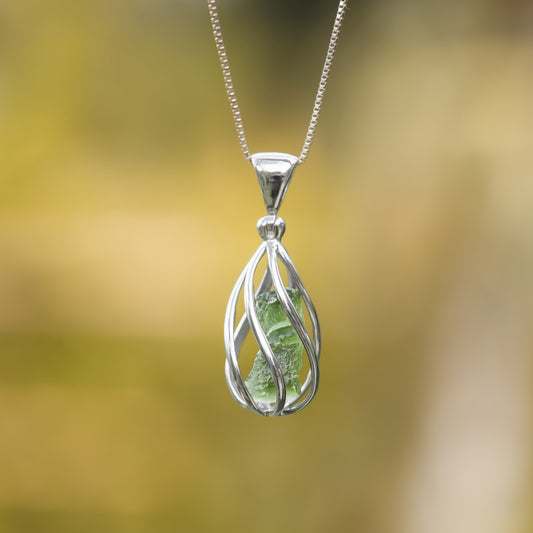 Starborn Natural Moldavite Pendant in Sterling Silver Cage