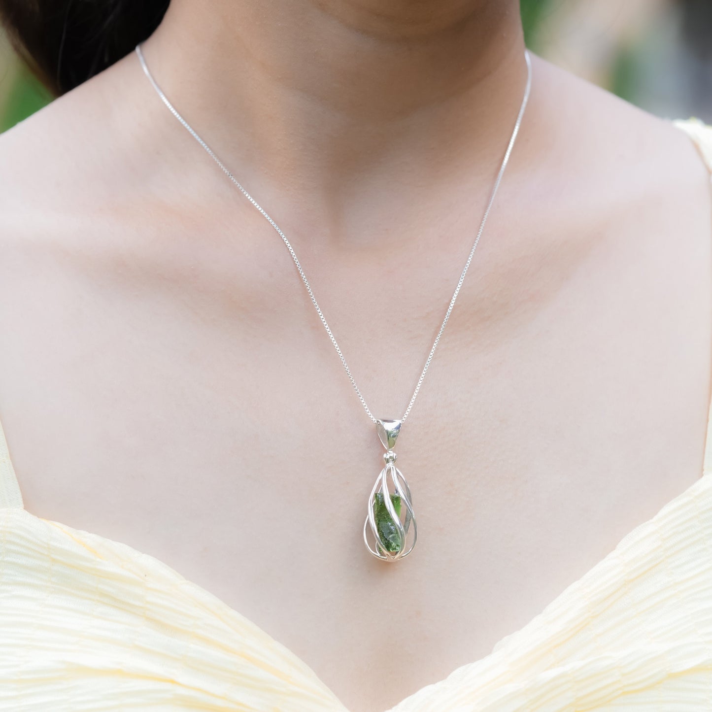 Starborn Natural Moldavite Pendant in Sterling Silver Cage