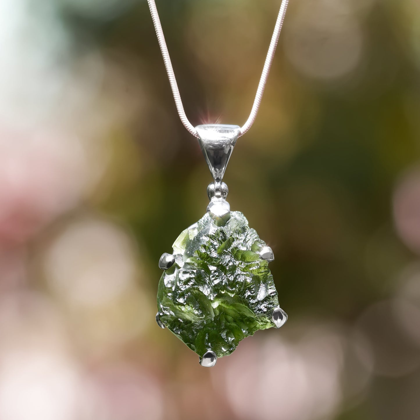 Starborn Natural Rough Moldavite Prong Set Pendant in Sterling Silver (20-30ct)