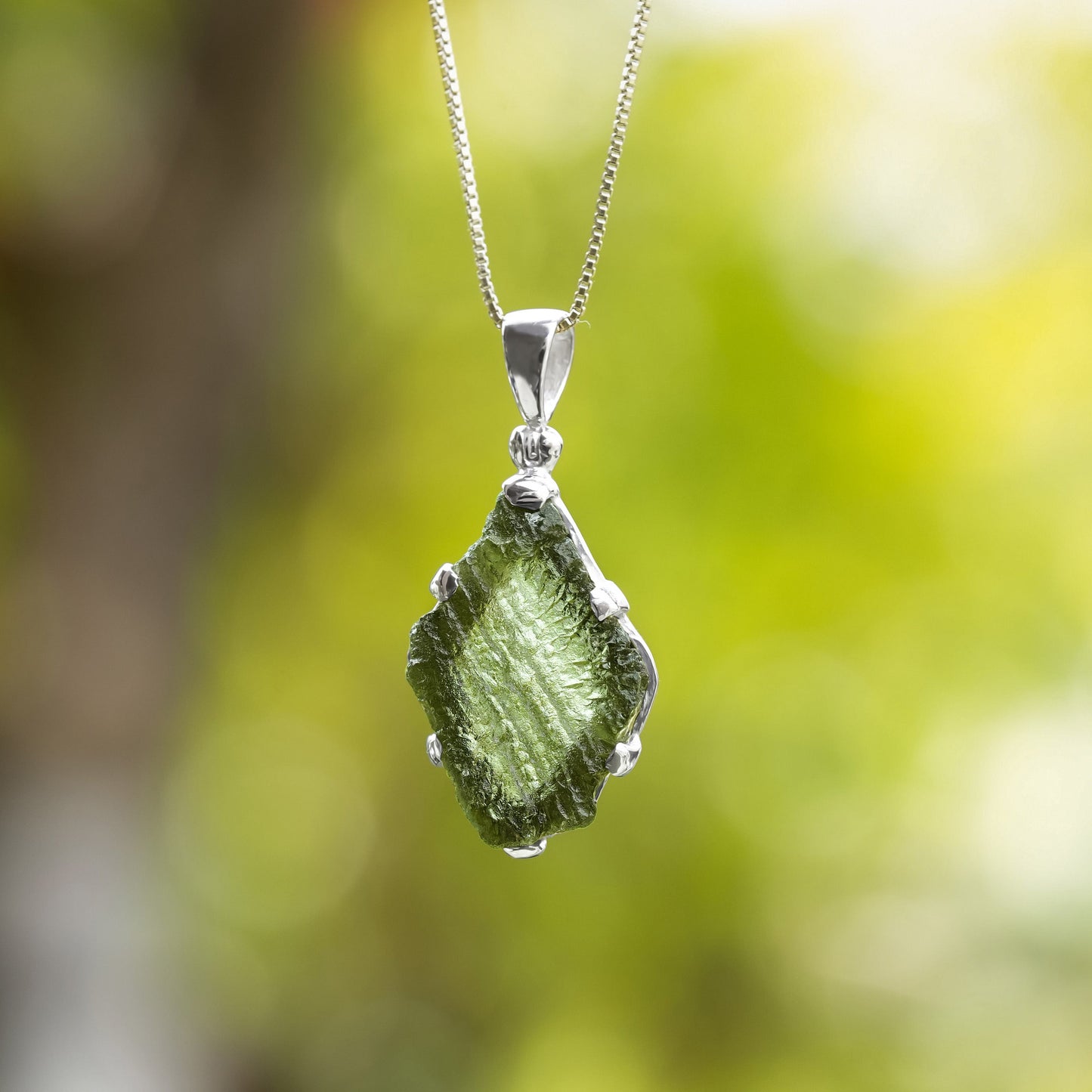 Starborn Natural Rough Moldavite Prong Set Pendant in Sterling Silver (7-11ct)