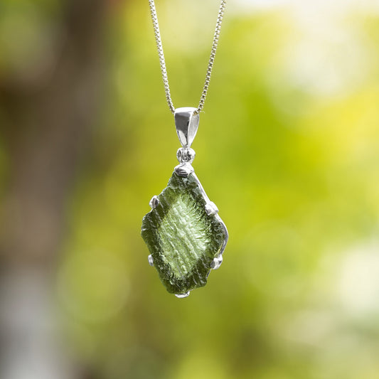 Starborn Natural Rough Moldavite Prong Set Pendant in Sterling Silver (7-11ct)