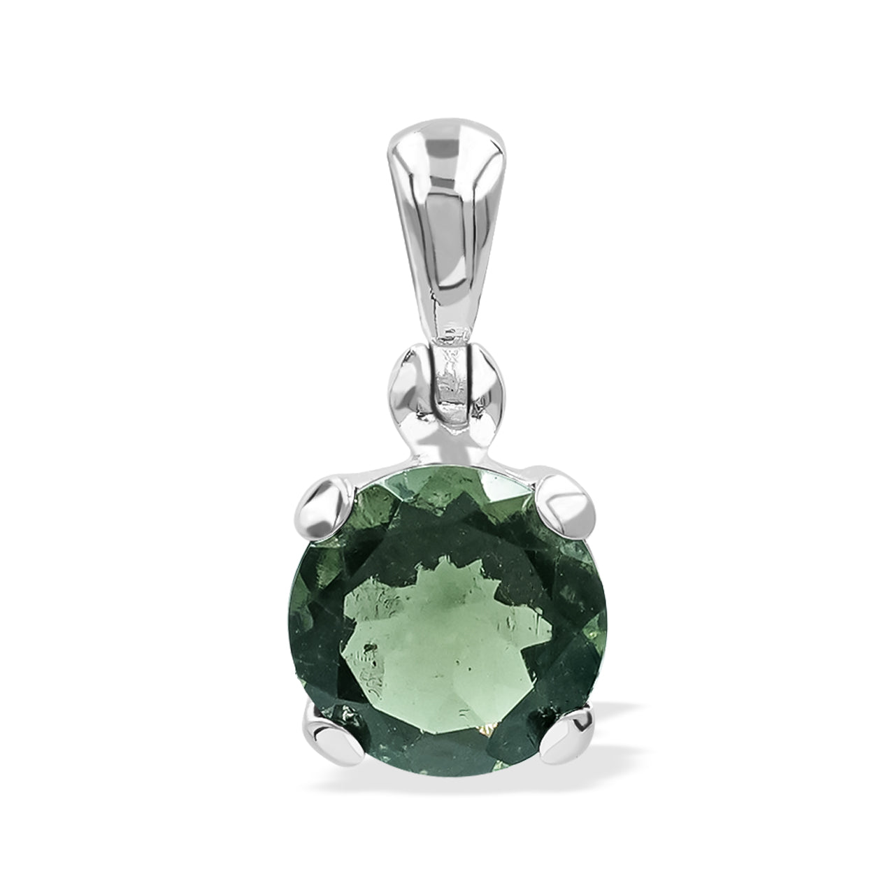Starborn Faceted Round-Shaped Moldavite Pendant in Fine Sterling Silver