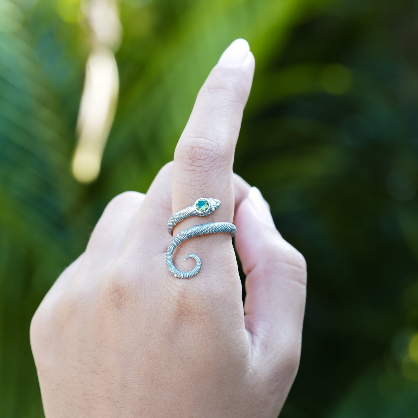 Starborn Coiled Snake Ring with Faceted Moldavite in Sterling Silver