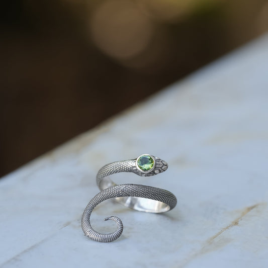 Starborn Coiled Snake Ring with Faceted Moldavite in Sterling Silver