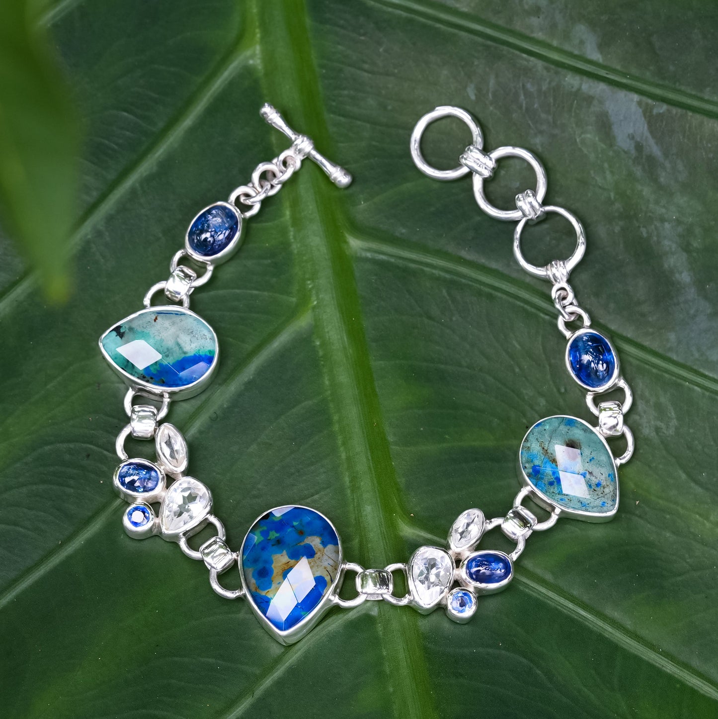 Starborn Azurite Malachite, Kyanite and White Topaz Bracelet in Sterling Silver