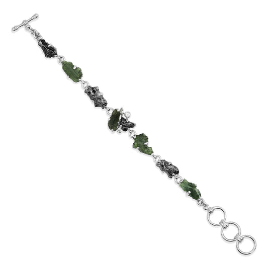 Starborn Moldavite, Meteorite and White Topaz Bracelet in Sterling Silver