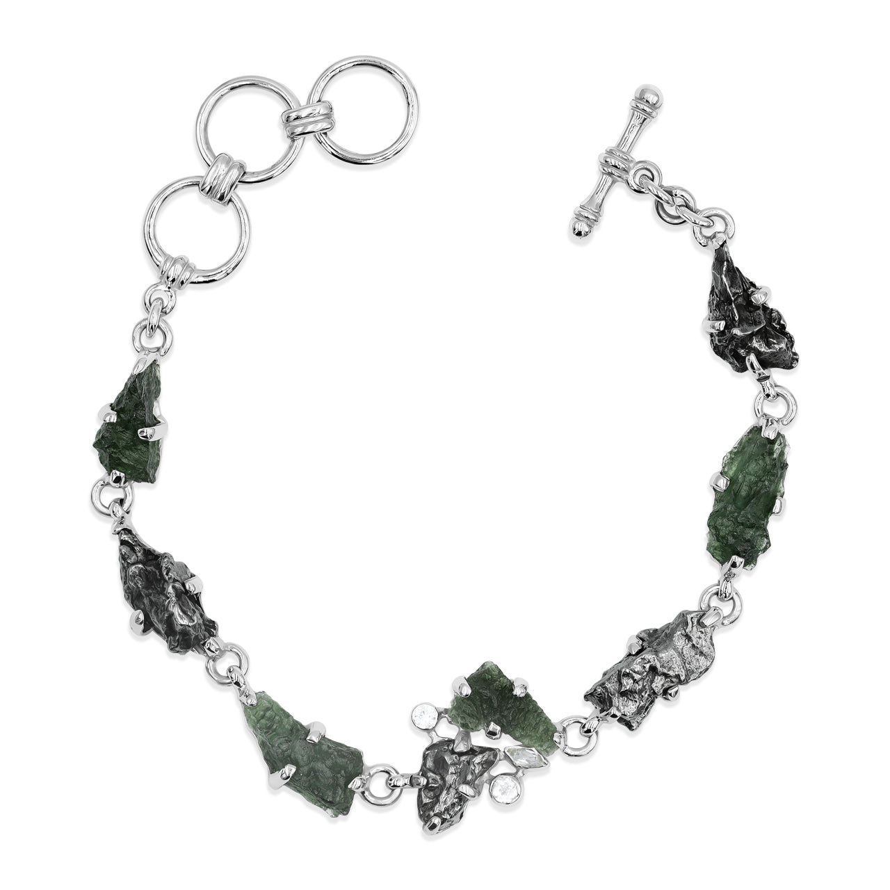 Starborn Moldavite, Meteorite and White Topaz Bracelet in Sterling Silver