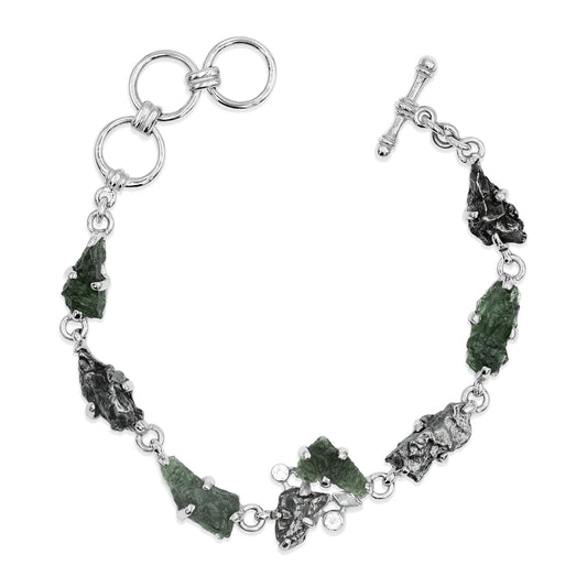 Starborn Moldavite, Meteorite and White Topaz Bracelet in Sterling Silver