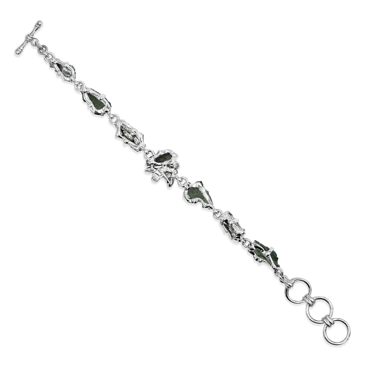 Starborn Moldavite, Meteorite and White Topaz Bracelet in Sterling Silver