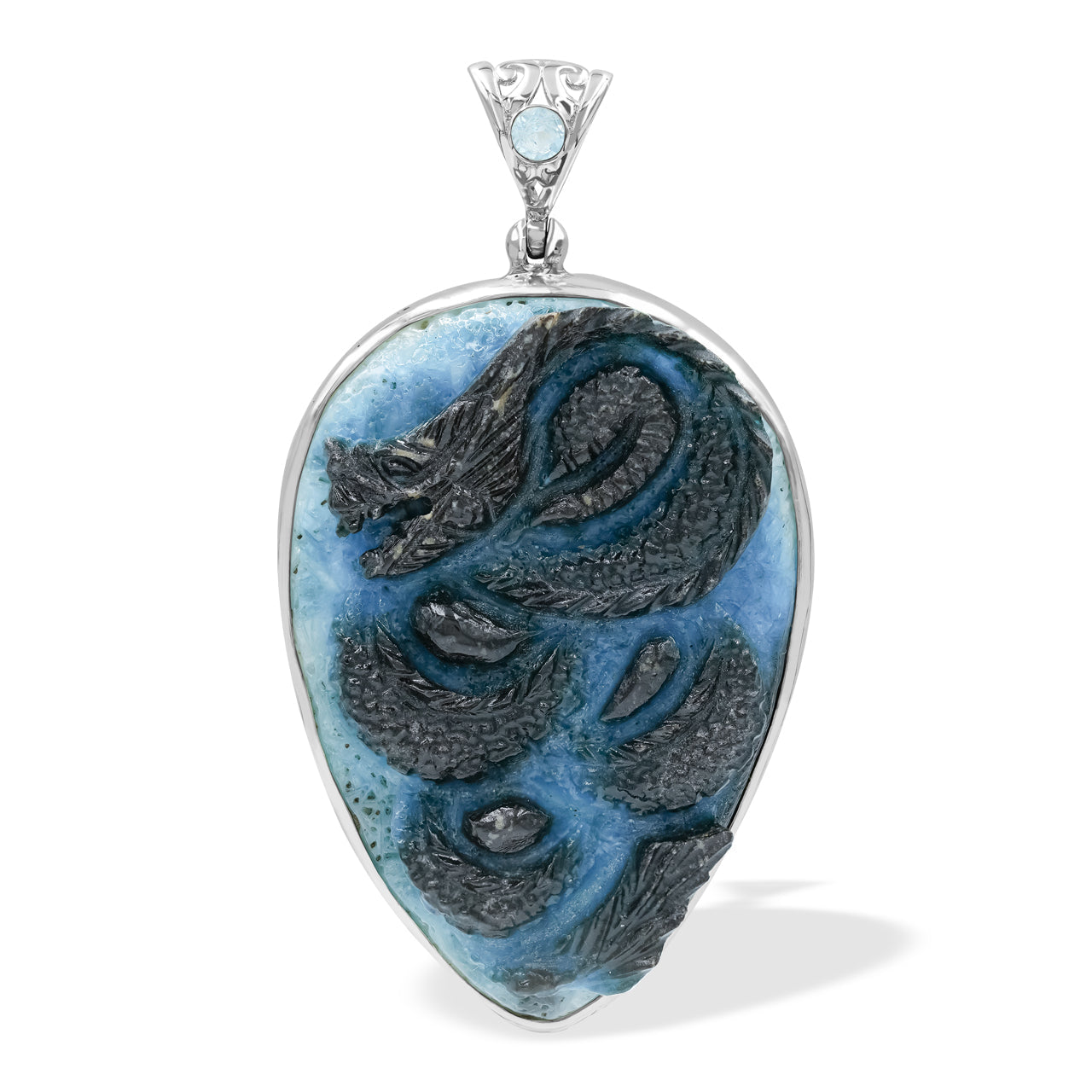 Starborn Carved Blue Ice Glacierite Dragon Pear Pendant in Sterling Silver