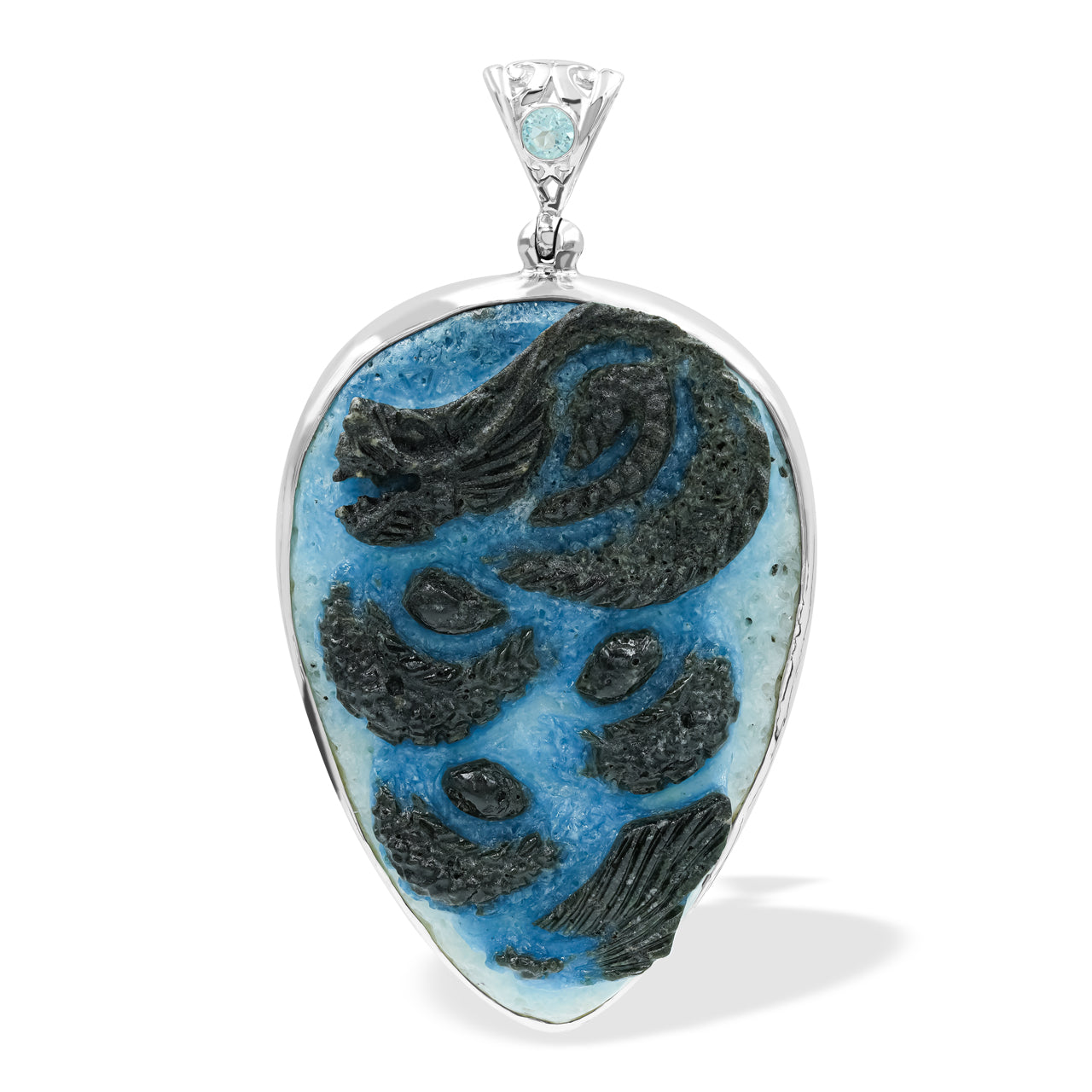 Starborn Carved Blue Ice Glacierite Dragon Pear Pendant in Sterling Silver
