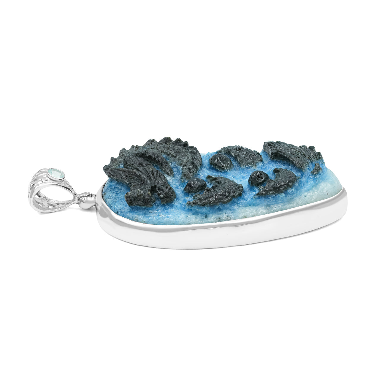Starborn Carved Blue Ice Glacierite Dragon Pear Pendant in Sterling Silver