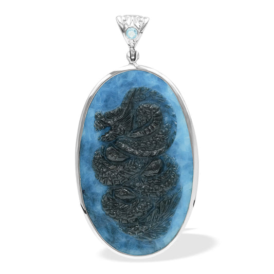 Starborn Carved Blue Ice Glacierite Dragon Oval Pendant in Sterling Silver - Large