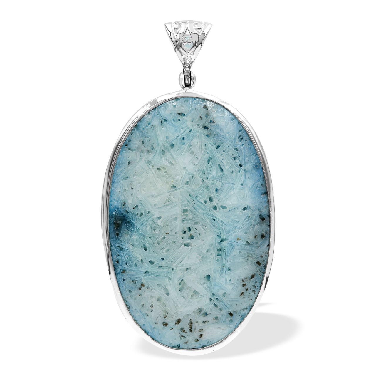 Starborn Carved Blue Ice Glacierite Dragon Oval Pendant in Sterling Silver - Large