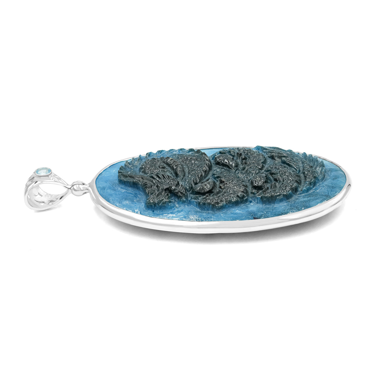 Starborn Carved Blue Ice Glacierite Dragon Oval Pendant in Sterling Silver - Large