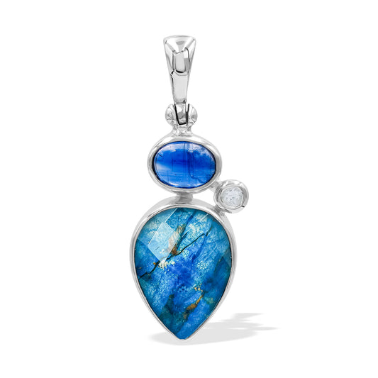 Starborn Kyanite, White Topaz, and Faceted Azurite Malachite Pendant in Sterling Silver