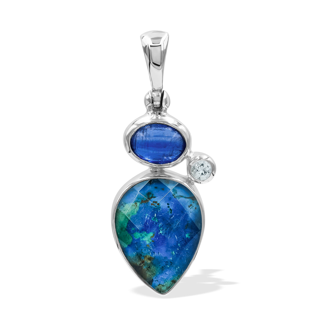 Starborn Kyanite, White Topaz, and Faceted Azurite Malachite Pendant in Sterling Silver