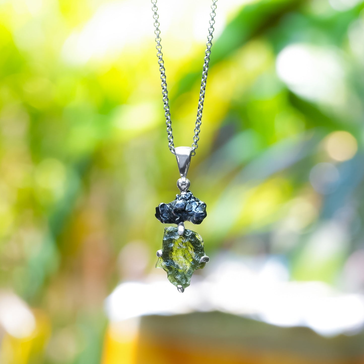 Starborn Moldavite & Campo del Cielo Meteorite Pendant in Sterling Silver